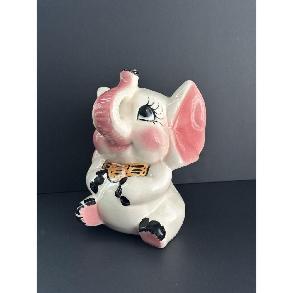 Vintage Ceramic Elephant Figurine Pink Ears Bow Cute Nursery Child's Room Decor